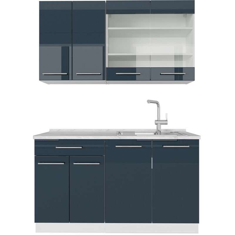 foto del prodotto vicco cucina completa fame line, blu scuro lucido bianco, 140 cm senza piano di lavoro