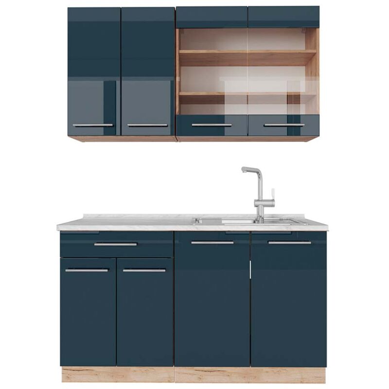 foto del prodotto vicco cucina completa fame line, blu scuro lucido rovere dorato, 140 cm , pl marmo
