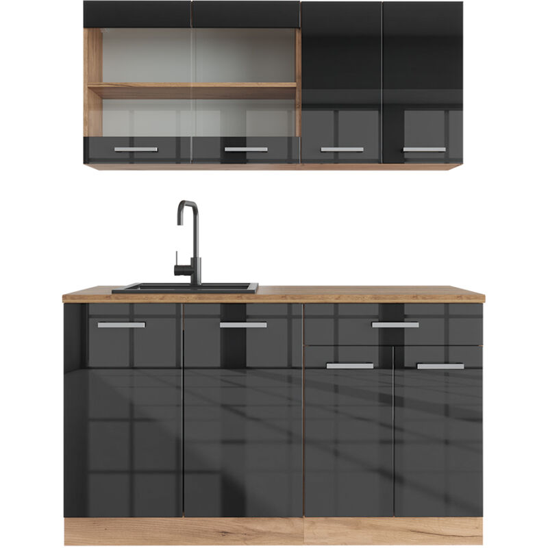 foto del prodotto vicco cucina completa r line, antracite lucido oro power oak, 140 cm senza piano di lavoro