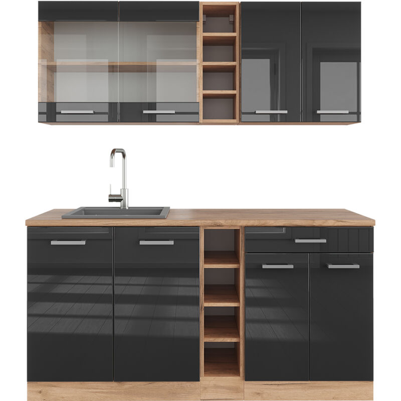 foto del prodotto vicco cucina completa r line, antracite lucido oro power oak, 160 cm senza piano di lavoro
