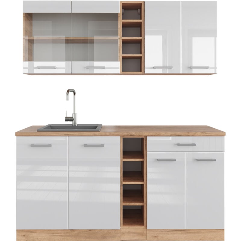 foto del prodotto vicco cucina completa r line, bianco lucido oro power oak, 160 cm senza piano di lavoro