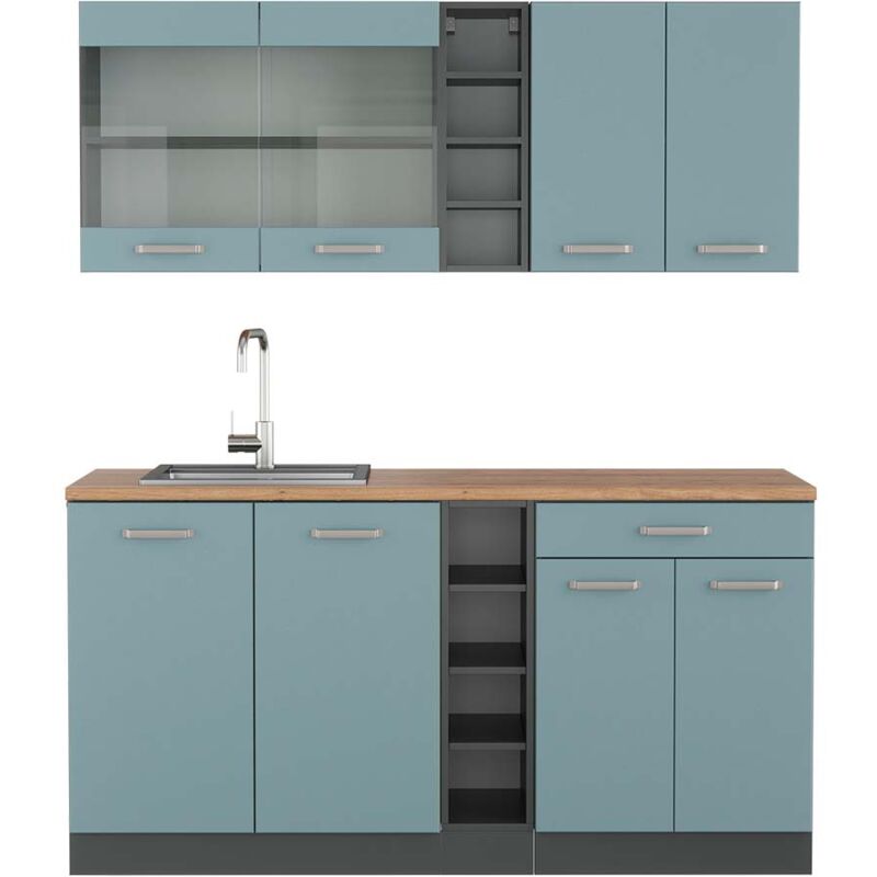 foto del prodotto vicco cucina completa r line, blu grigio antracite, 160 cm , pl rovere