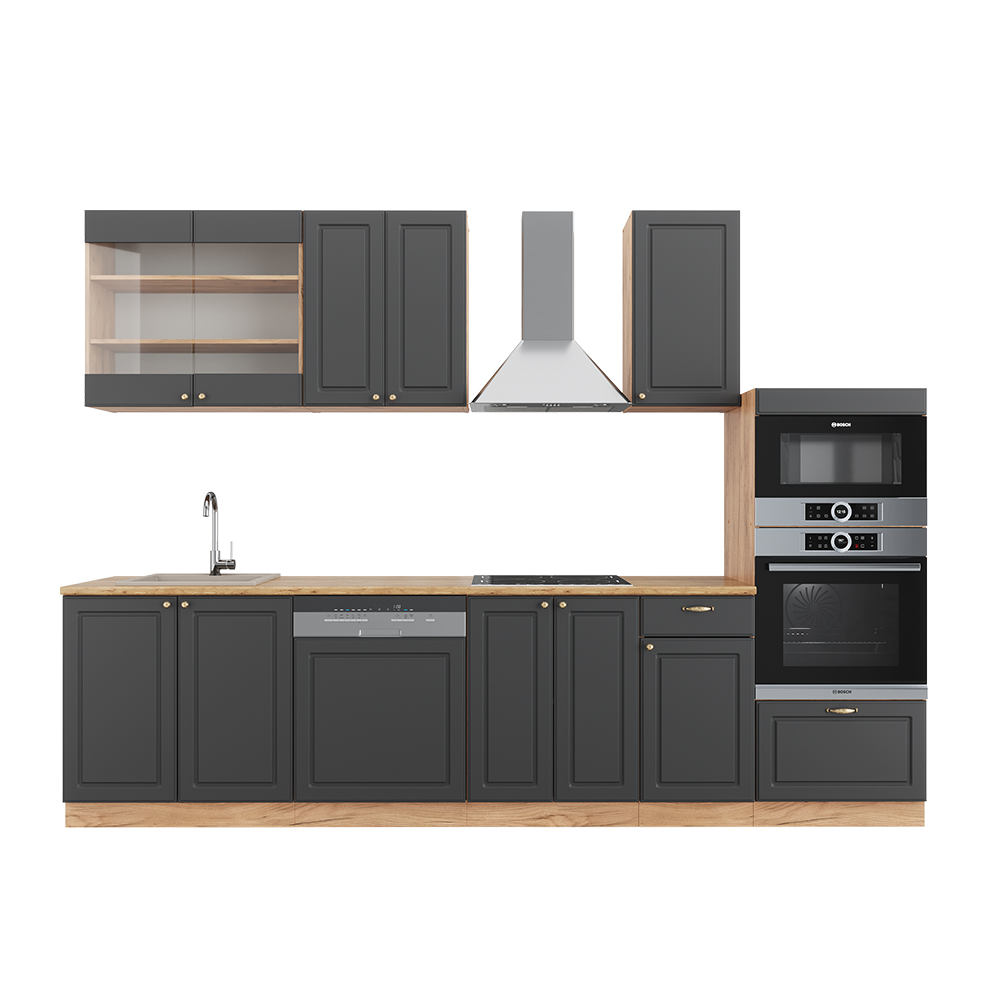 foto del prodotto vicco cucina componibile antracite country house/oro kraft oak 300 cm con armadio alto, senza piano di lavoro