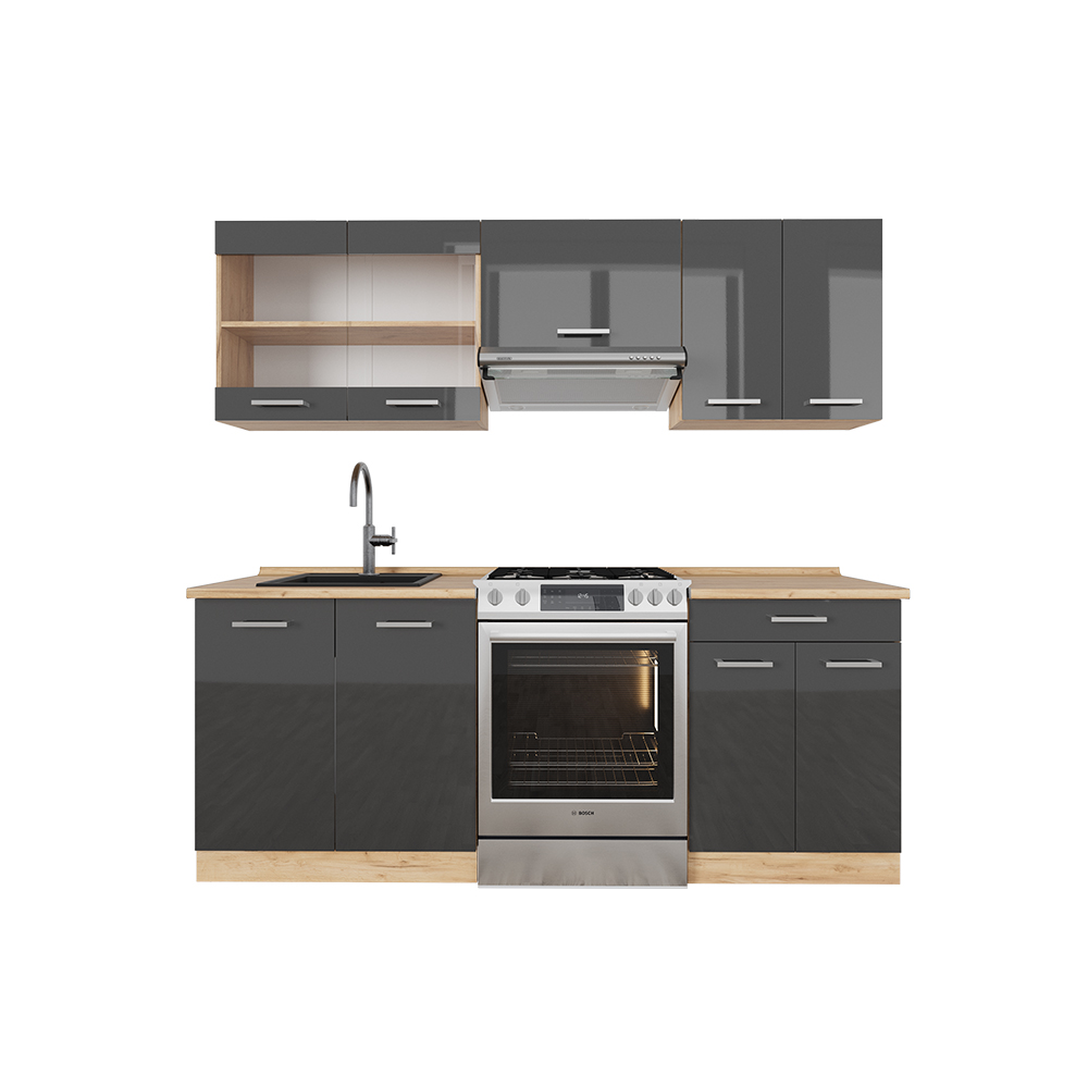 foto del prodotto vicco cucina componibile antracite lucido oro power oak 200 cm senza piano di lavoro