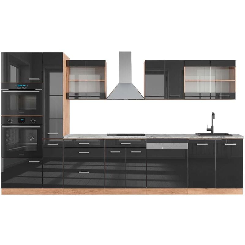 foto del prodotto vicco cucina componibile antracite lucido oro power oak 350 cm con armadio alto, pl marmo