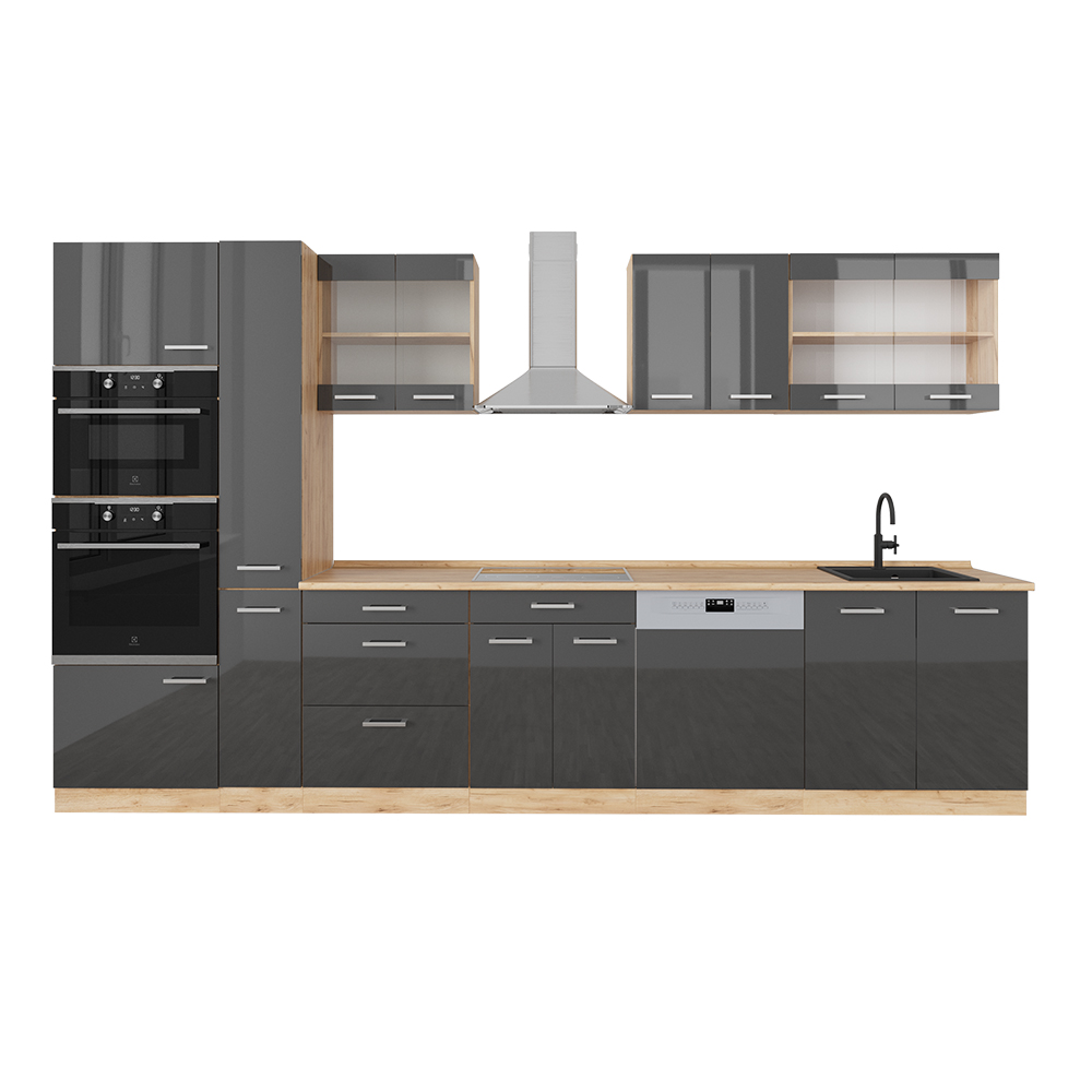 foto del prodotto vicco cucina componibile antracite lucido oro power oak 350 cm con armadio alto, senza piano di lavoro
