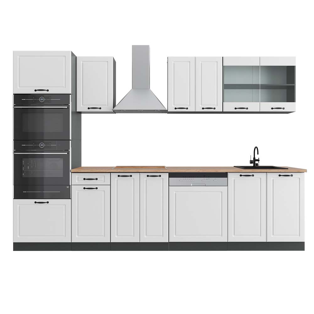 foto del prodotto vicco cucina componibile bianco casa di campagna/antracite 300 cm con armadio alto, pl rovere