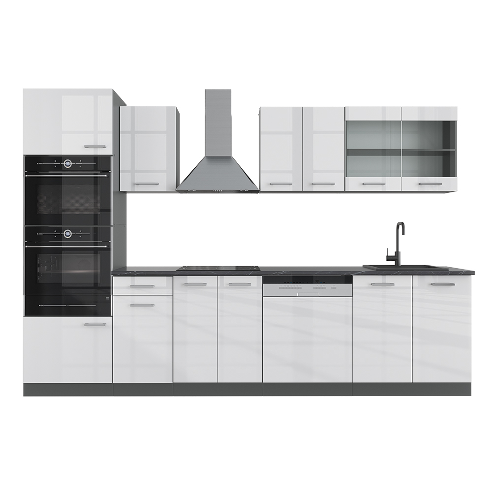 foto del prodotto vicco cucina componibile bianco lucido/antracite 300 cm con armadio alto, senza piano di lavoro