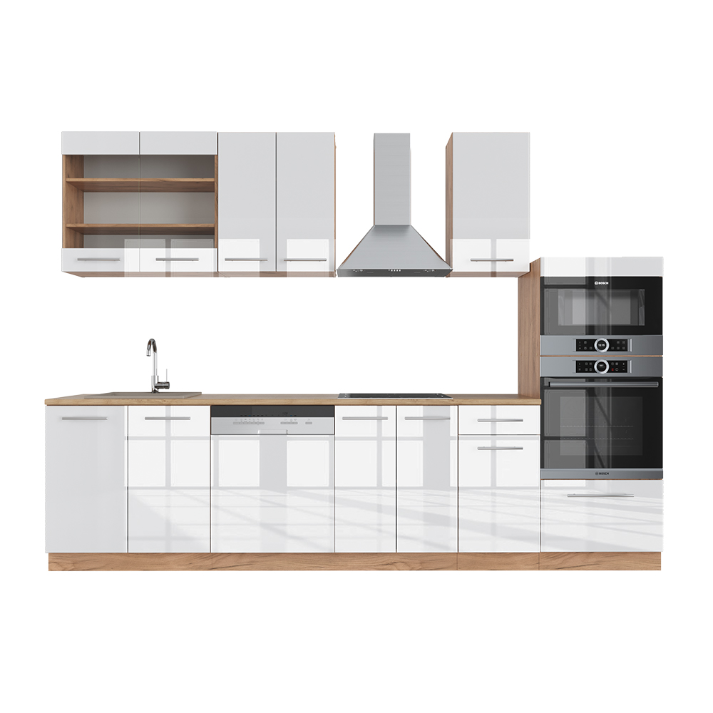foto del prodotto vicco cucina componibile bianco lucido/oro power oak 300 cm con armadio alto, senza piano di lavoro