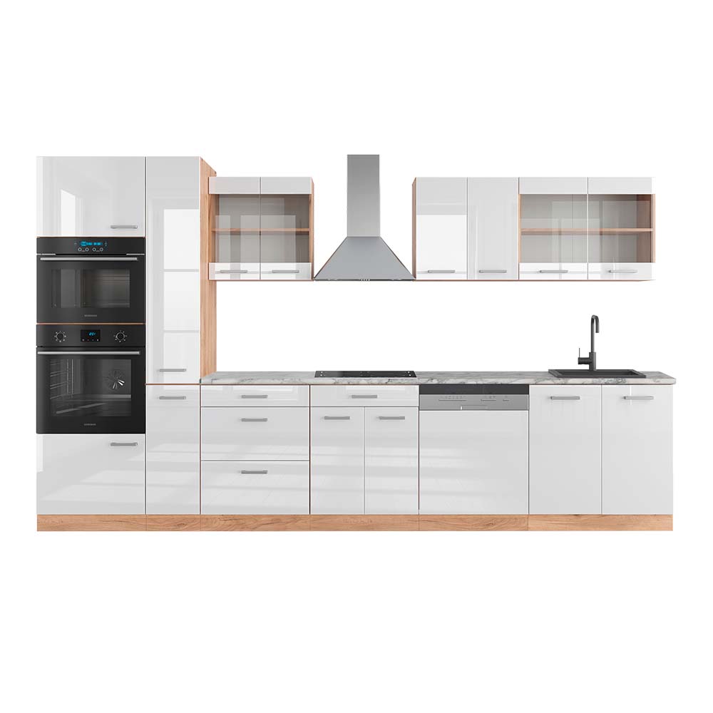 foto del prodotto vicco cucina componibile bianco lucido/oro power oak 350 cm con armadio alto, pl marmo