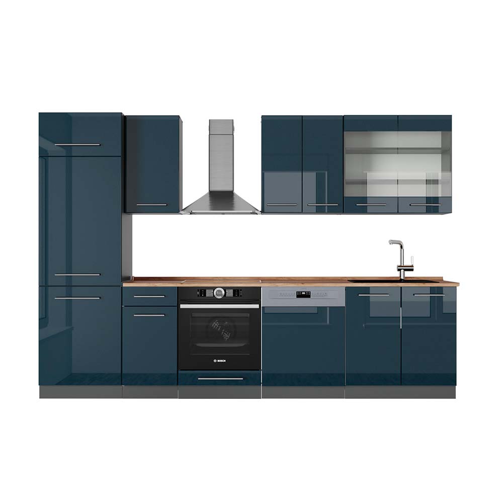 foto del prodotto vicco cucina componibile blu scuro lucido antracite 300 cm , pl rovere