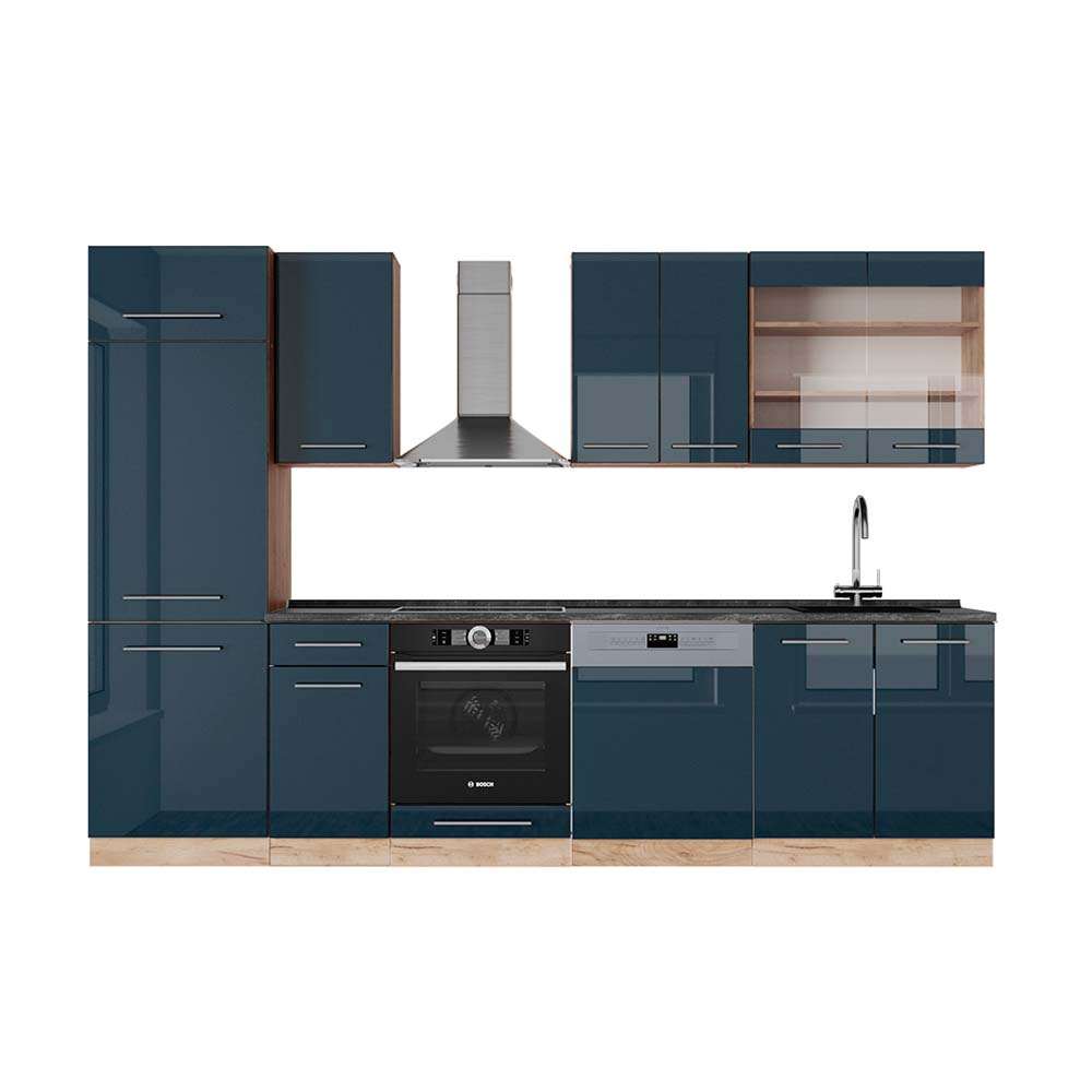 foto del prodotto vicco cucina componibile blu scuro lucido/rovere dorato 300 cm , pl antracite