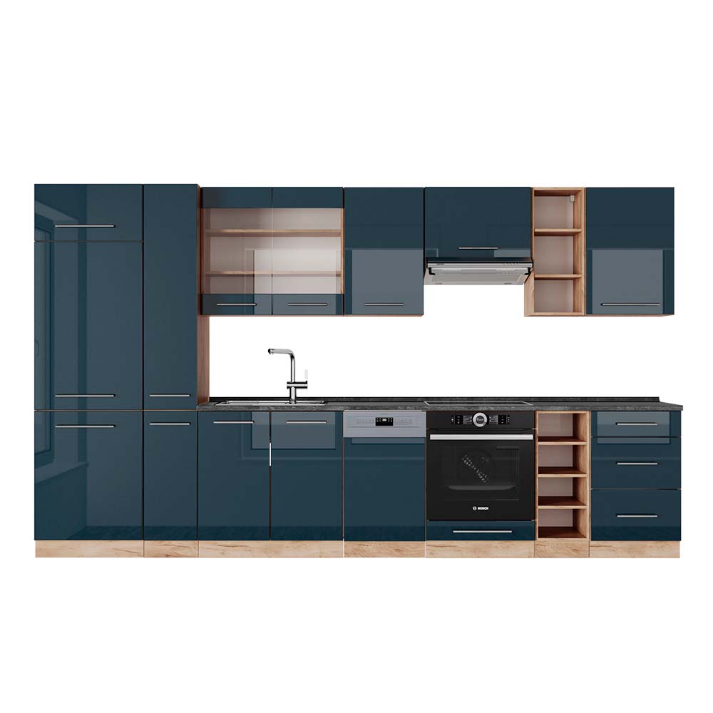 foto del prodotto vicco cucina componibile blu scuro lucido rovere dorato 355 cm , pl antracite