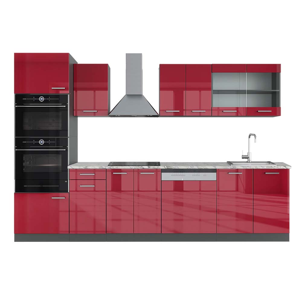foto del prodotto vicco cucina componibile bordeaux lucido antracite 300 cm con armadio alto, pl marmo