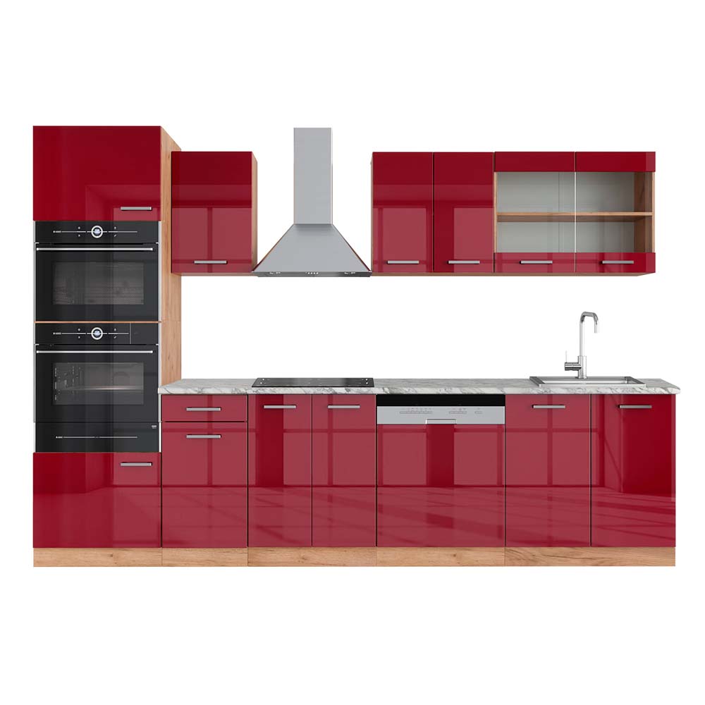 foto del prodotto vicco cucina componibile bordeaux lucido rovere dorato 300 cm con armadio alto, pl marmo