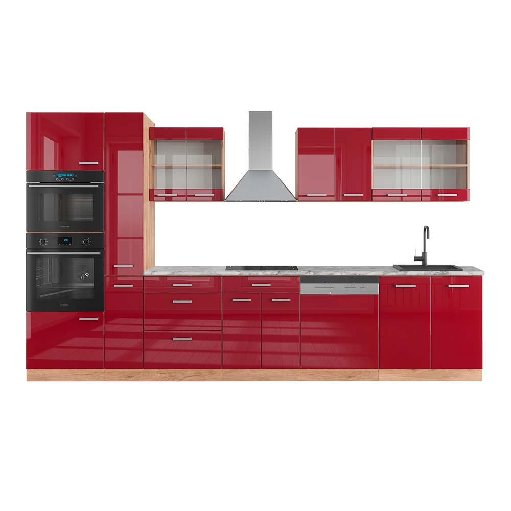 foto del prodotto vicco cucina componibile bordeaux lucido rovere dorato 350 cm con armadio alto, pl marmo