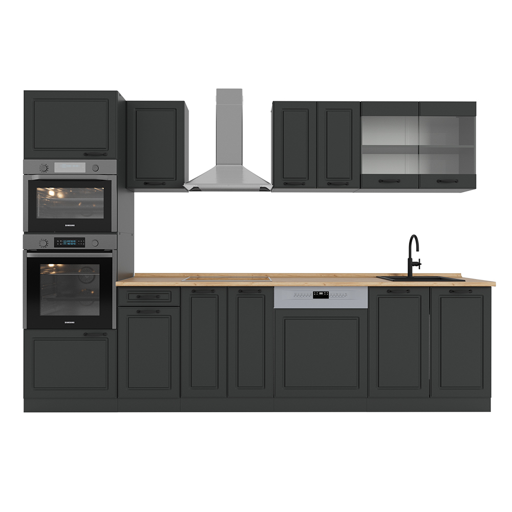 foto del prodotto vicco cucina componibile casa di campagna antracite antracite 300 cm con armadio alto, pl rovere