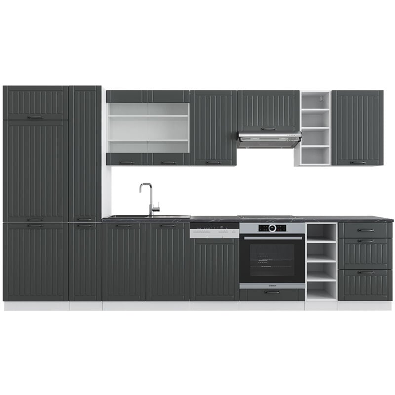 foto del prodotto vicco cucina componibile fame line, antracite casa di campagna bianco, 355 cm con armadio alto, senza piano di lavoro