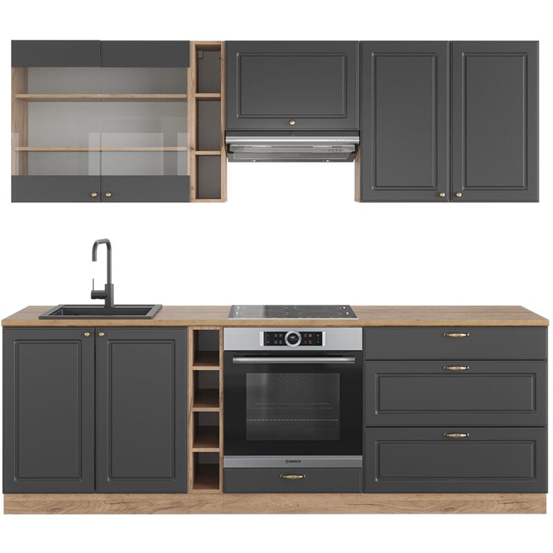 foto del prodotto vicco cucina componibile fame line, antracite country house oro kraft oak, 235 cm senza piano di lavoro