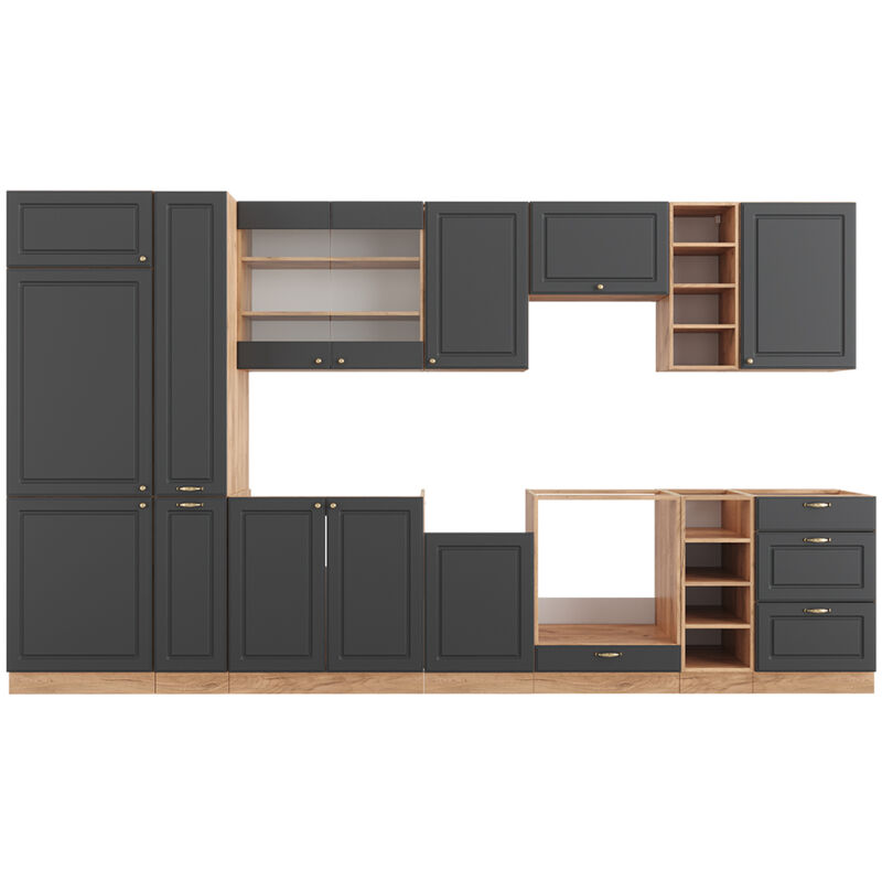 foto del prodotto vicco cucina componibile fame line, antracite country house oro kraft oak, 355 cm senza piano di lavoro