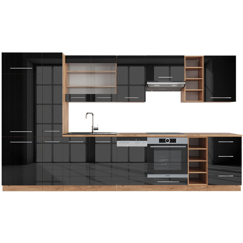 foto del prodotto vicco cucina componibile fame line, antracite lucido oro power oak, 355 cm senza piano di lavoro