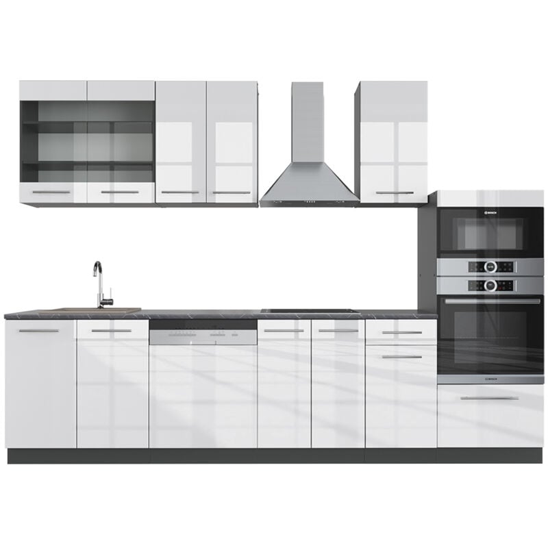foto del prodotto vicco cucina componibile fame line, bianco lucido antracite, 300 cm con armadio alto, senza piano di lavoro