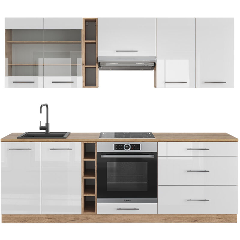 foto del prodotto vicco cucina componibile fame line, bianco lucido oro power oak, 235 cm senza piano di lavoro