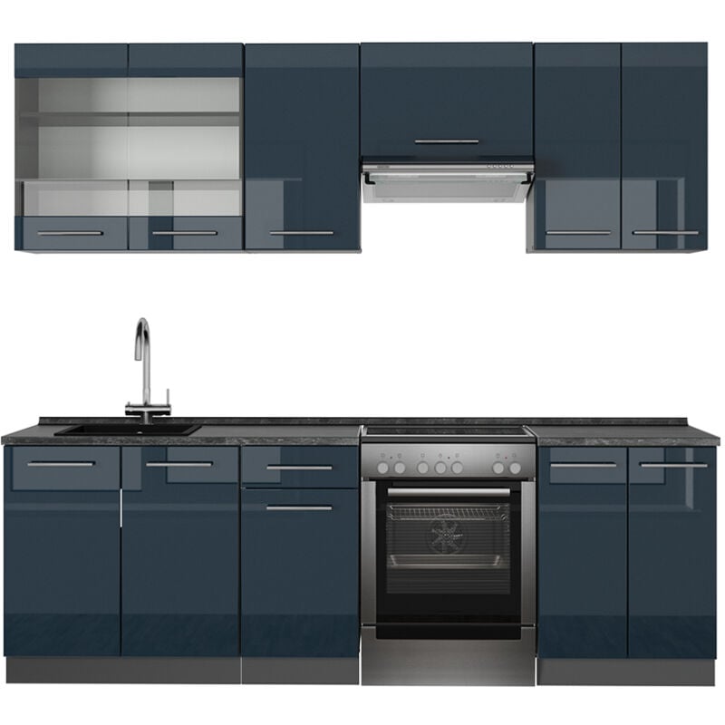 foto del prodotto vicco cucina componibile fame line, blu scuro lucido antracite, 240 cm senza piano di lavoro