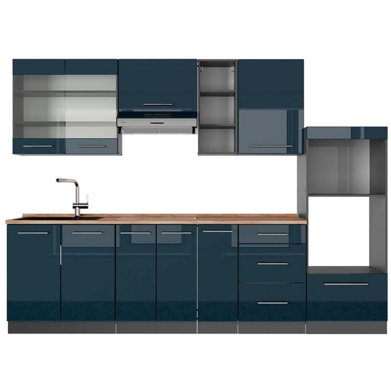 foto del prodotto vicco cucina componibile fame line, blu scuro lucido antracite, 280 cm , pl rovere