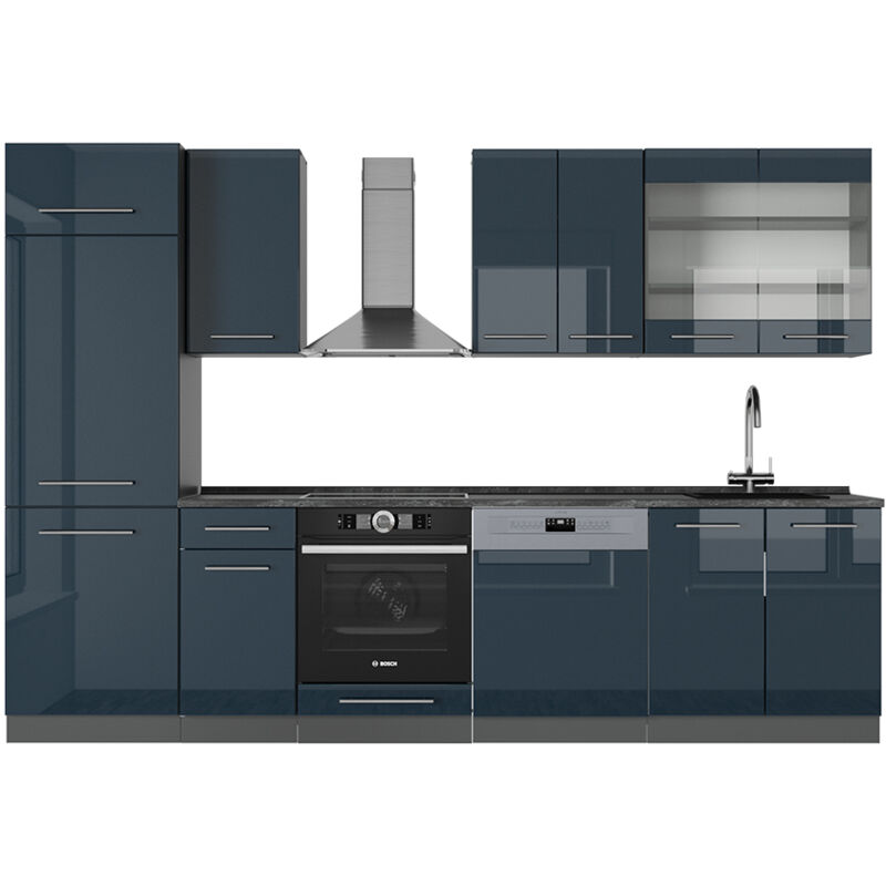 foto del prodotto vicco cucina componibile fame line, blu scuro lucido antracite, 300 cm senza piano di lavoro