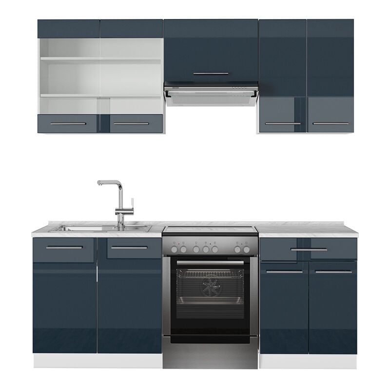 foto del prodotto vicco cucina componibile fame line, blu scuro lucido bianco, 200 cm , pl marmo