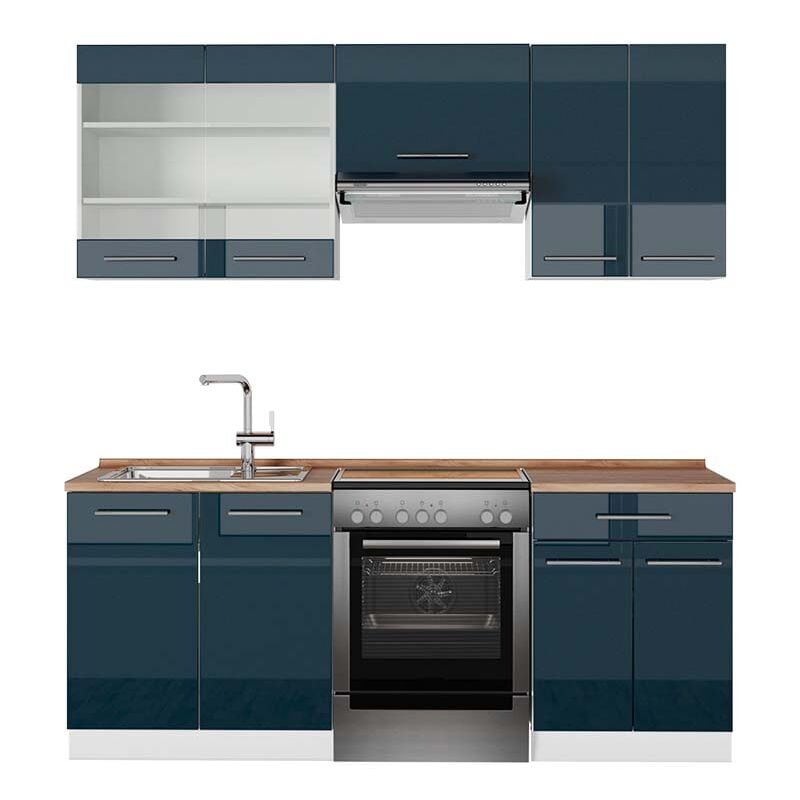 foto del prodotto vicco cucina componibile fame line, blu scuro lucido bianco, 200 cm , pl rovere