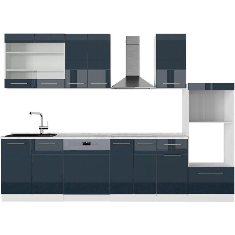 foto del prodotto vicco cucina componibile fame line, blu scuro lucido bianco, 300 cm con armadio alto, senza piano di lavoro