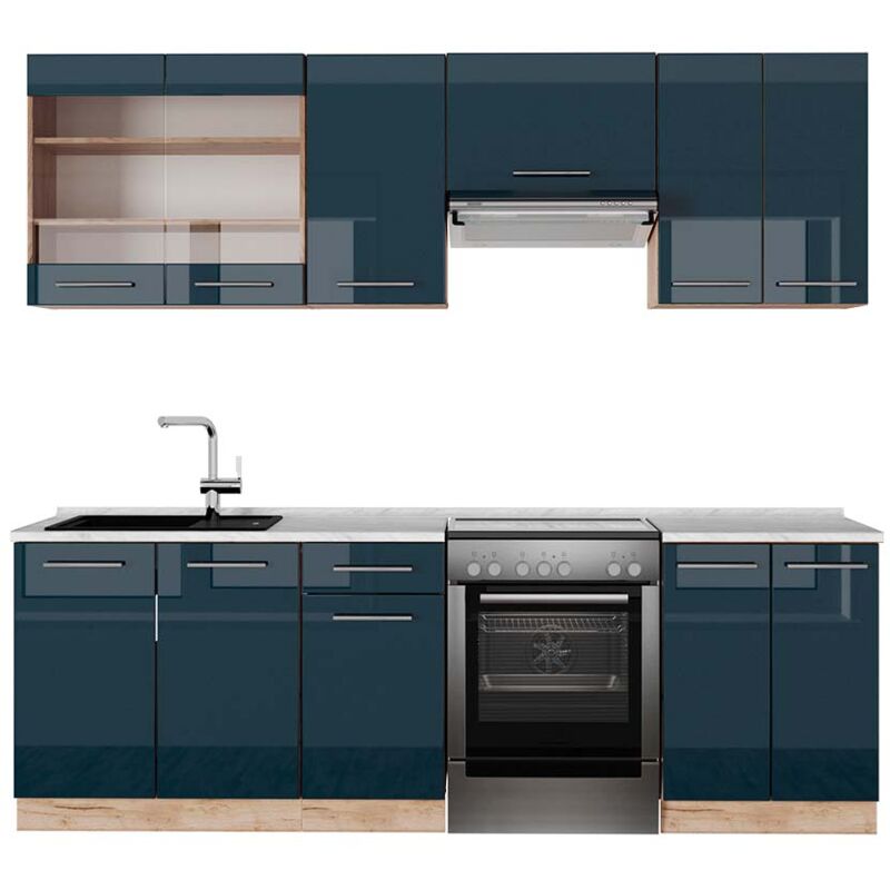 foto del prodotto vicco cucina componibile fame line, blu scuro lucido rovere dorato, 240 cm , pl marmo