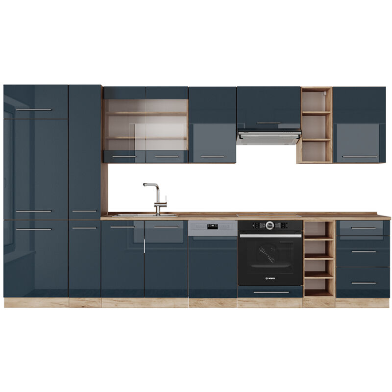 foto del prodotto vicco cucina componibile fame line, blu scuro lucido rovere dorato, 355 cm , pl rovere