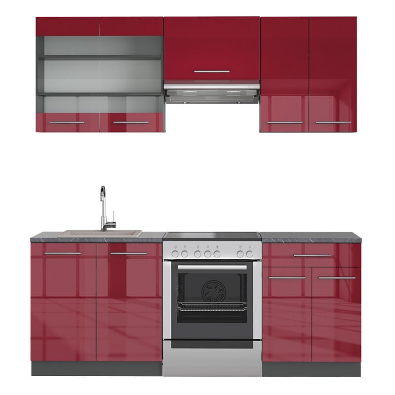 foto del prodotto vicco cucina componibile fame line, bordeaux lucido antracite, 200 cm senza piano di lavoro