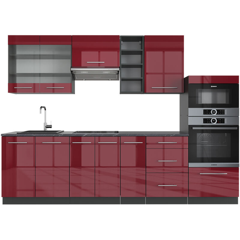 foto del prodotto vicco cucina componibile fame line, bordeaux lucido antracite, 280 cm senza piano di lavoro