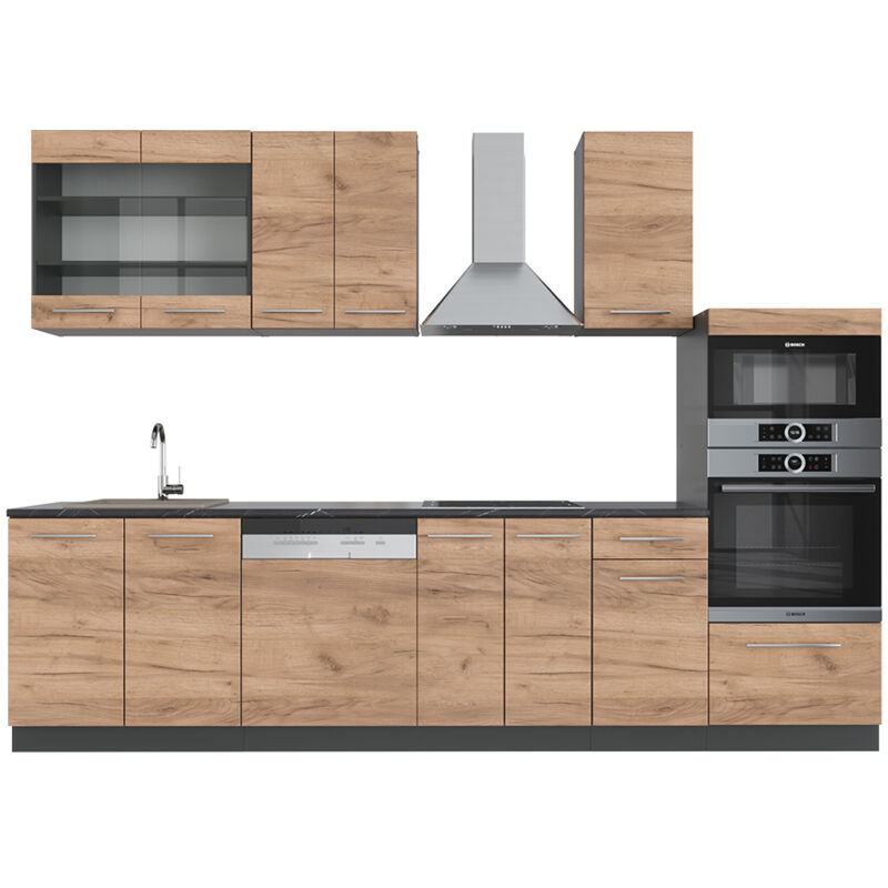foto del prodotto vicco cucina componibile fame line, quercia dorata antracite, 300 cm con armadio alto, pl antracite
