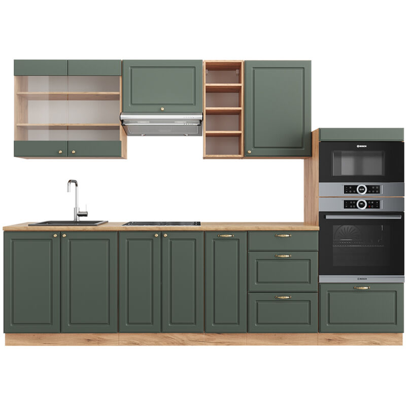 foto del prodotto vicco cucina componibile fame line, quercia verde oro country oro power, 280 cm senza piano di lavoro