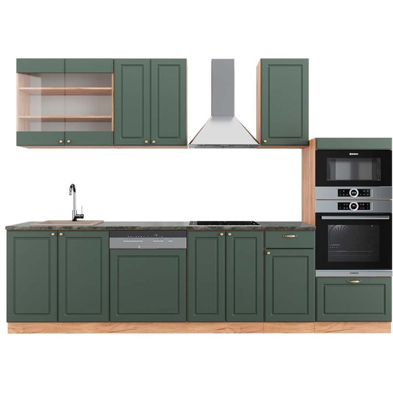 foto del prodotto vicco cucina componibile fame line, quercia verde oro country oro power, 300 cm con armadio alto, pl antracite