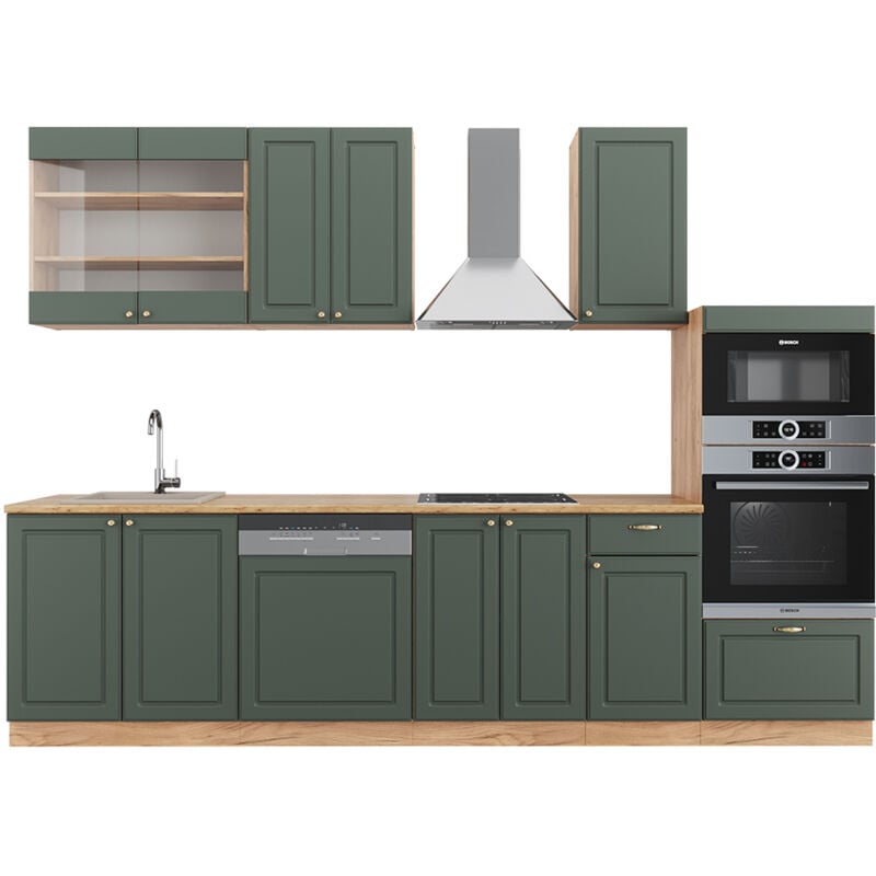 foto del prodotto vicco cucina componibile fame line, quercia verde oro country oro power, 300 cm con armadio alto, pl rovere