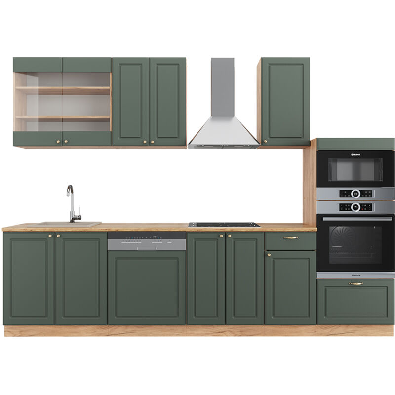 foto del prodotto vicco cucina componibile fame line, quercia verde oro country oro power, 300 cm con armadio alto, senza piano di lavoro