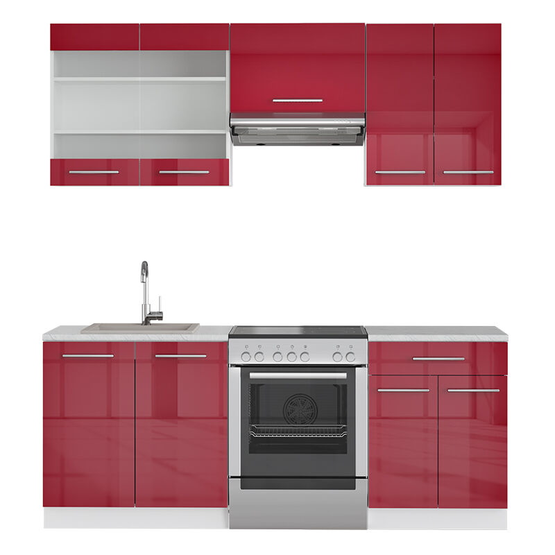 foto del prodotto vicco cucina componibile fame line, rosso bordeaux lucido, 200 cm senza piano di lavoro