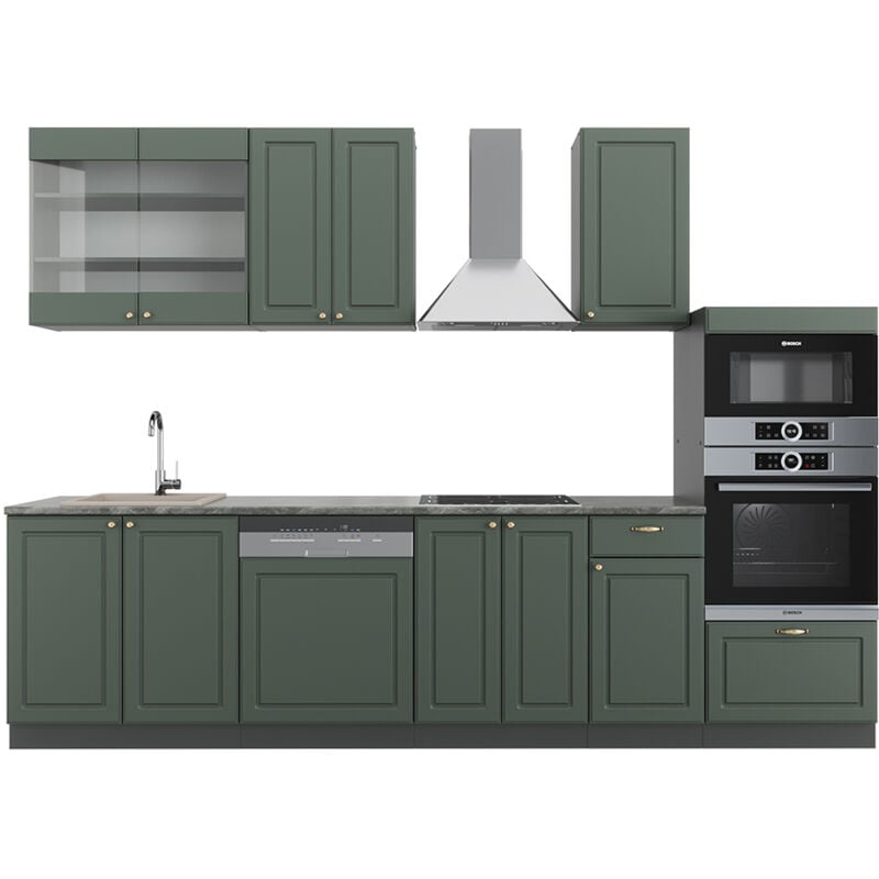 foto del prodotto vicco cucina componibile fame line, verde oro country house antracite, 300 cm con armadio alto, pl antracite