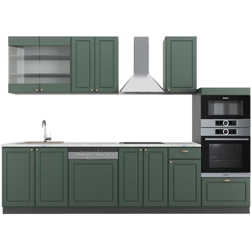 foto del prodotto vicco cucina componibile fame line, verde oro country house antracite, 300 cm con armadio alto, pl marmo