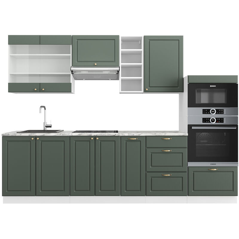 foto del prodotto vicco cucina componibile fame line, verde oro country house bianco, 280 cm senza piano di lavoro