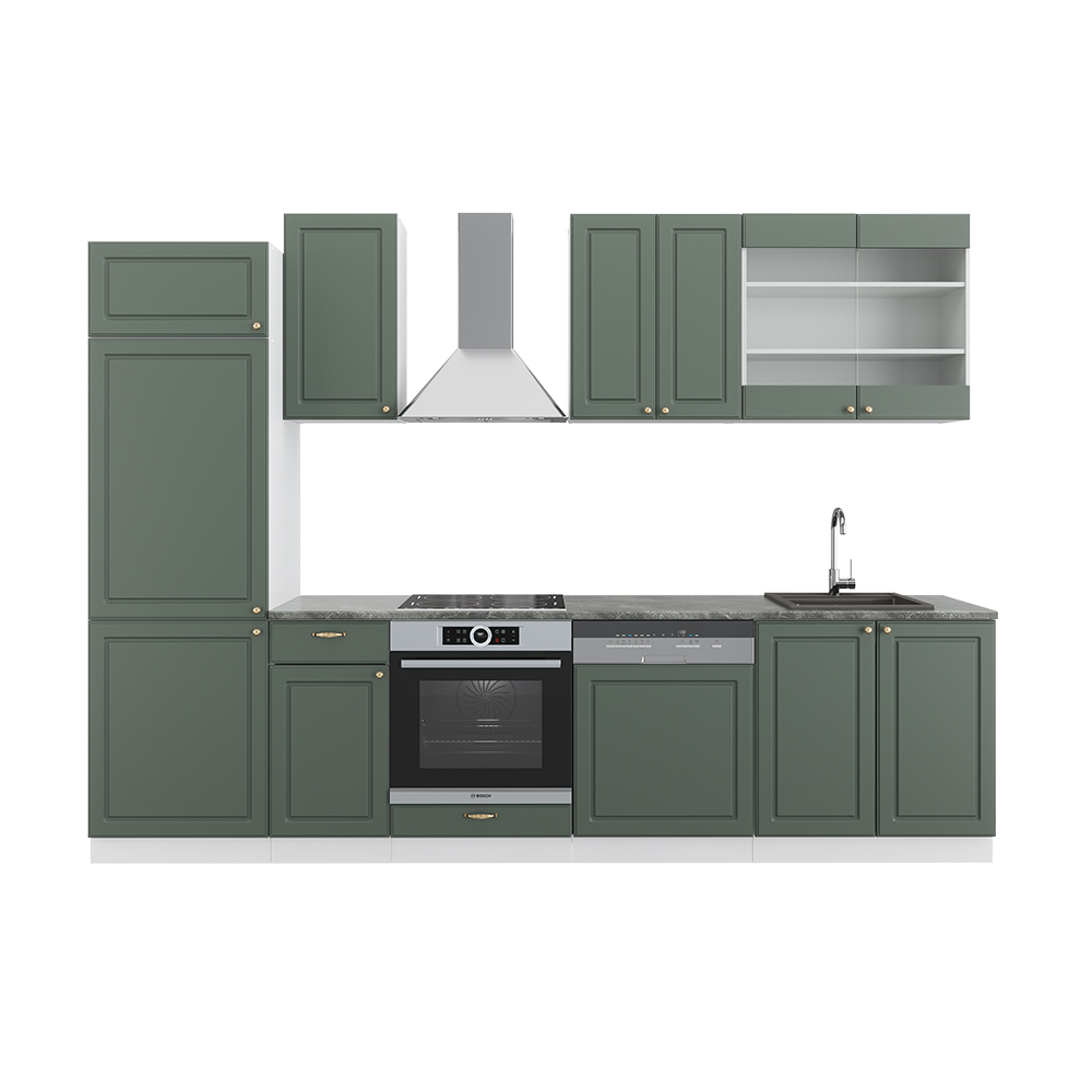 foto del prodotto vicco cucina componibile fame line, verde oro country house bianco, 300 cm senza piano di lavoro