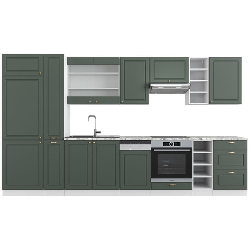 foto del prodotto vicco - cucina componibile fame-line, verde-oro country house/bianco, 355 cm senza piano di lavoro