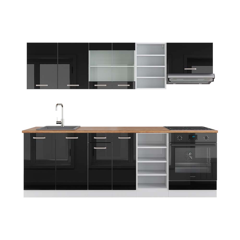 foto del prodotto vicco cucina componibile nero lucido bianco 240 cm , pl rovere