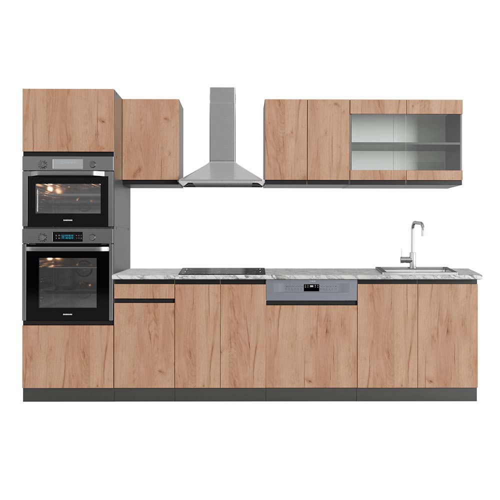 foto del prodotto vicco cucina componibile quercia dorata/antracite 300 cm con armadio alto, pl marmo